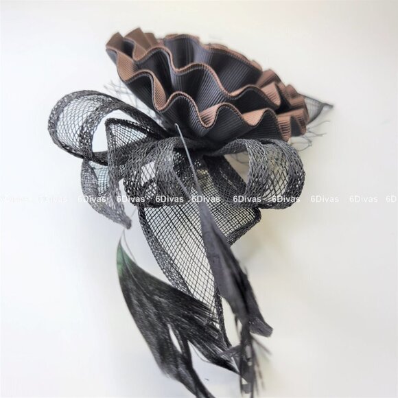 Dark Brown and Black Floral Rosette Fascinator Headpiece and Brooch - Picture 9 of 11